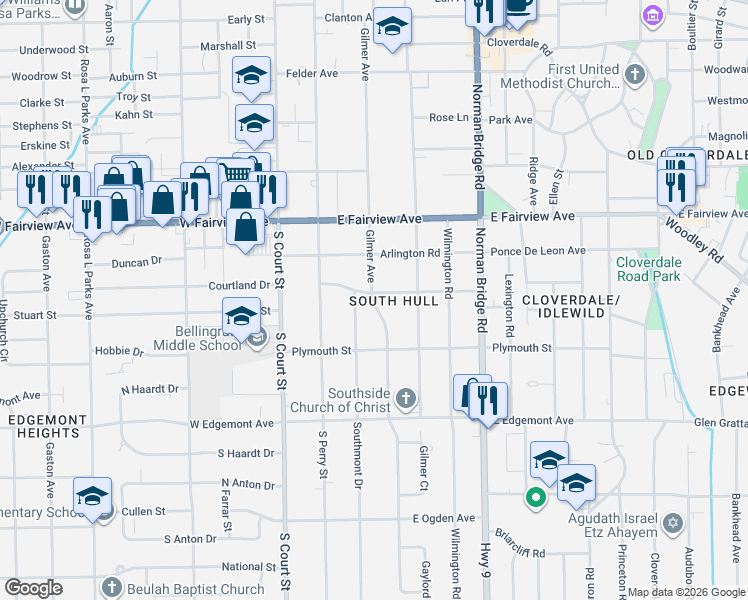 map of restaurants, bars, coffee shops, grocery stores, and more near 206 Mount Vernon Drive in Montgomery