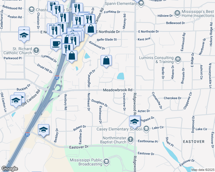 map of restaurants, bars, coffee shops, grocery stores, and more near 107 Green Drive in Jackson