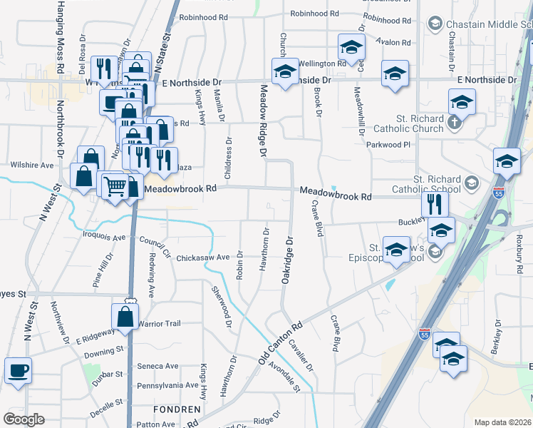 map of restaurants, bars, coffee shops, grocery stores, and more near 830 Brookwood Road in Jackson