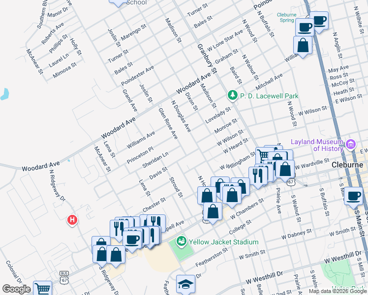 map of restaurants, bars, coffee shops, grocery stores, and more near 106 Glen Rose Avenue in Cleburne