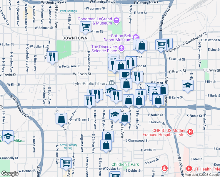 map of restaurants, bars, coffee shops, grocery stores, and more near 218 South Bois D Arc Avenue in Tyler