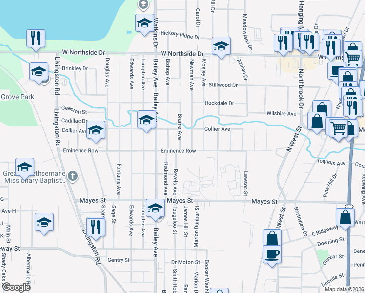 map of restaurants, bars, coffee shops, grocery stores, and more near 3508 Brame Avenue in Jackson