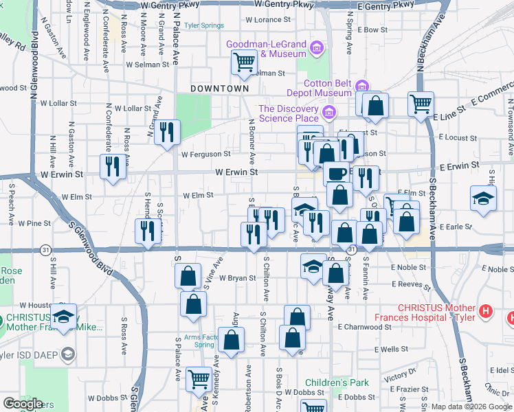 map of restaurants, bars, coffee shops, grocery stores, and more near 218 South Bonner Avenue in Tyler
