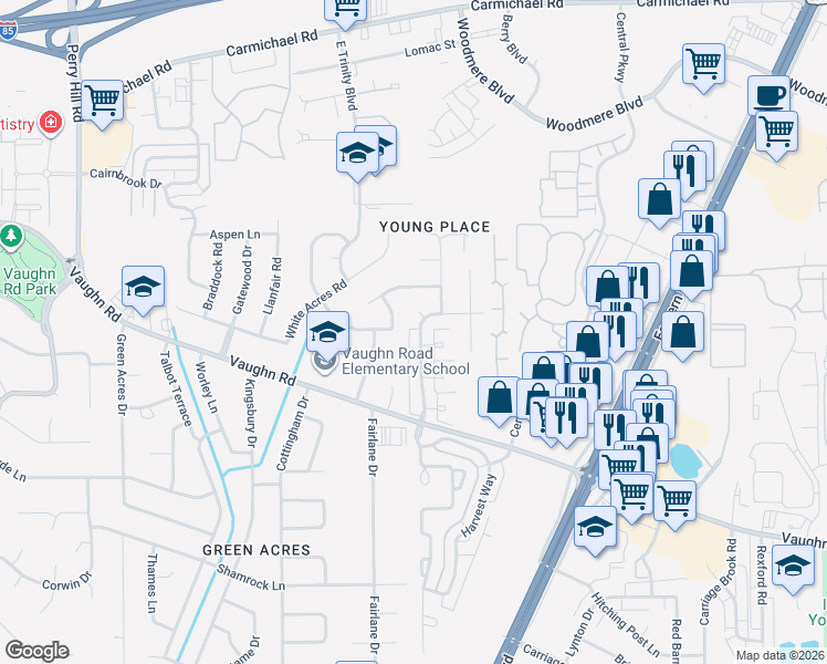 map of restaurants, bars, coffee shops, grocery stores, and more near 1806 Young Farm Road in Montgomery