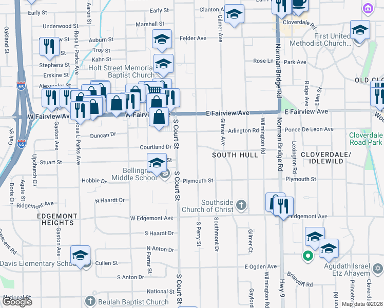 map of restaurants, bars, coffee shops, grocery stores, and more near 3218 South Perry Street in Montgomery