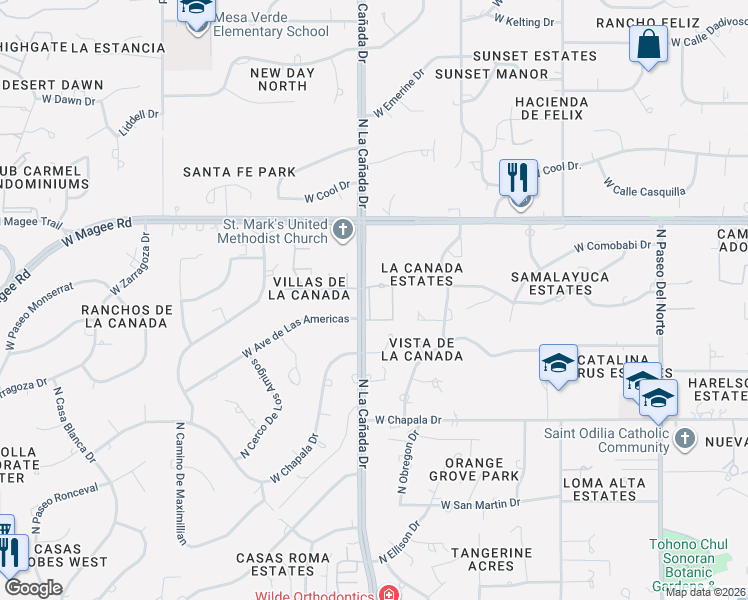 map of restaurants, bars, coffee shops, grocery stores, and more near 7840 North La Cañada Drive in Tucson