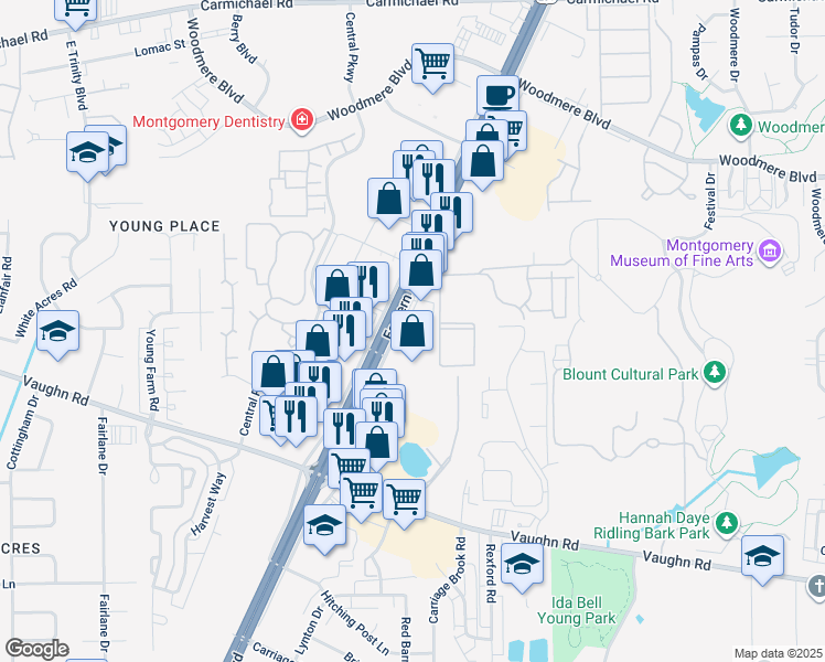 map of restaurants, bars, coffee shops, grocery stores, and more near 2465 Eastern Boulevard in Montgomery