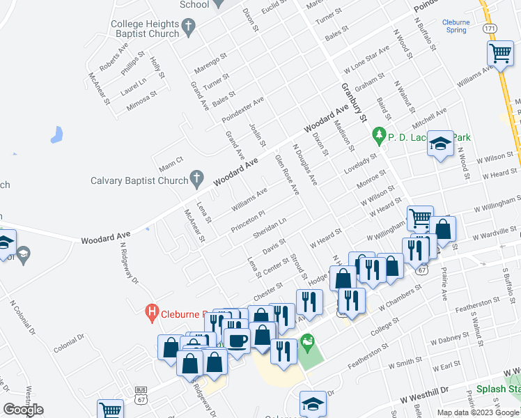 map of restaurants, bars, coffee shops, grocery stores, and more near 1020 Princeton Place in Cleburne
