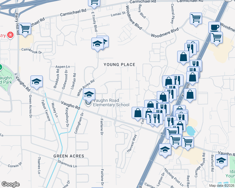 map of restaurants, bars, coffee shops, grocery stores, and more near 1806 Young Farm Road in Montgomery