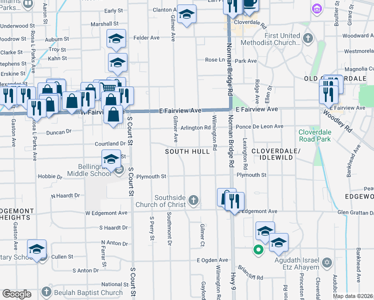 map of restaurants, bars, coffee shops, grocery stores, and more near 206 Mount Vernon Drive in Montgomery