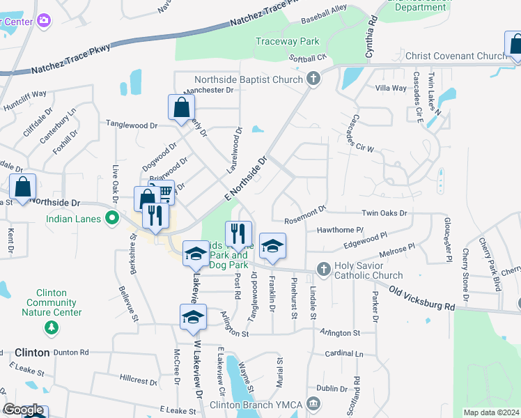 map of restaurants, bars, coffee shops, grocery stores, and more near 1023 Tanglewood Drive in Clinton