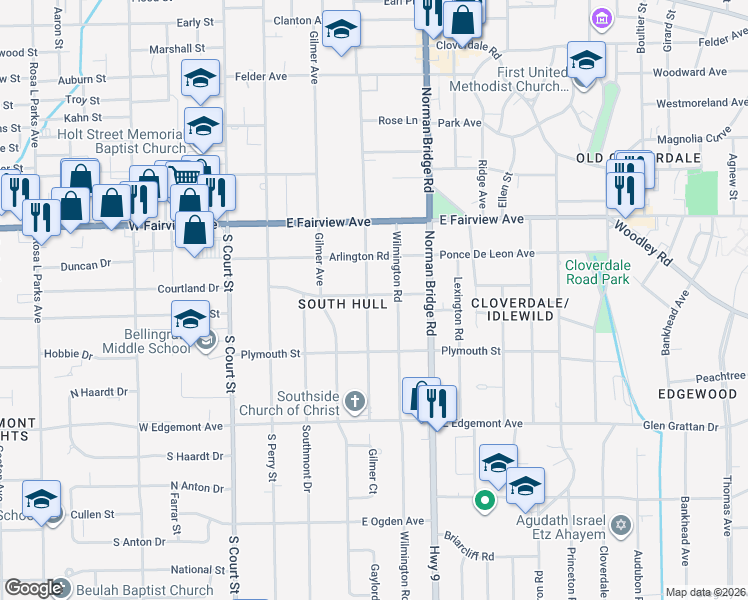 map of restaurants, bars, coffee shops, grocery stores, and more near 3212 South Hull Street in Montgomery