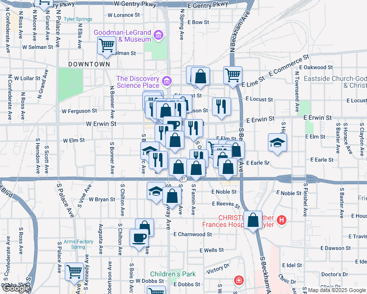 map of restaurants, bars, coffee shops, grocery stores, and more near 216 S Spring Ave in Tyler