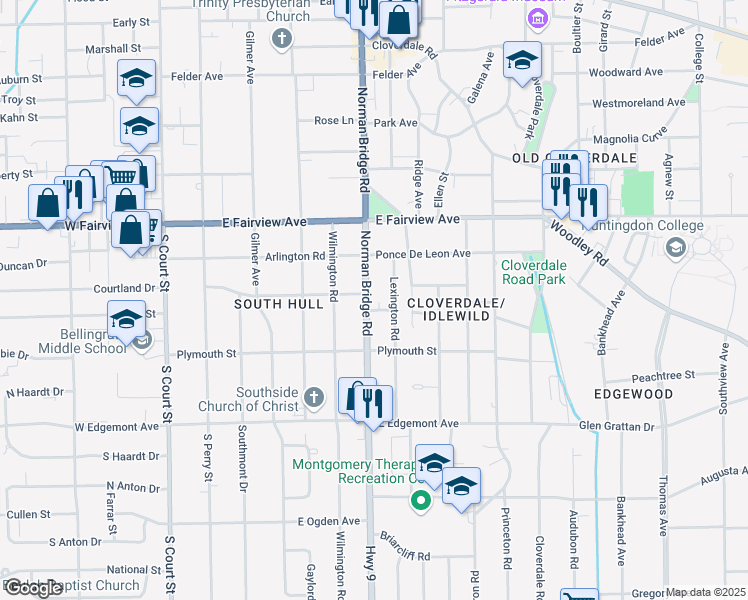 map of restaurants, bars, coffee shops, grocery stores, and more near 3173 Norman Bridge Rd in Montgomery