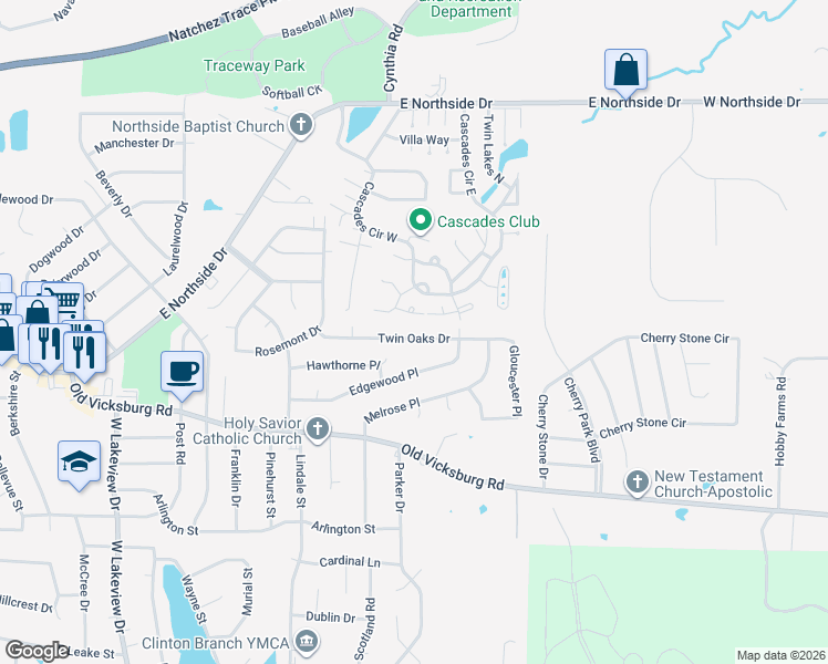 map of restaurants, bars, coffee shops, grocery stores, and more near 1613 Twin Oaks Drive in Clinton