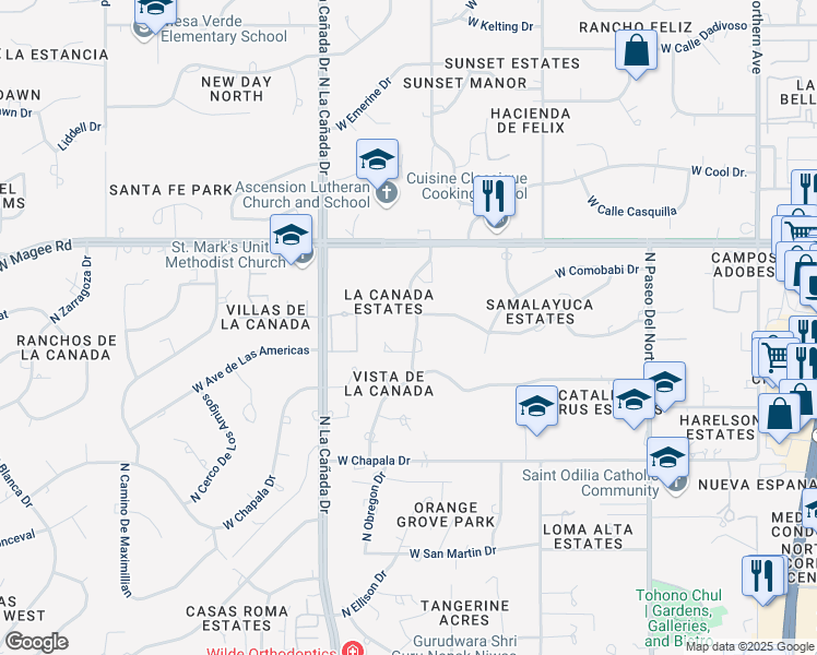 map of restaurants, bars, coffee shops, grocery stores, and more near 7821 North Leonardo Da Vinci Way in Tucson