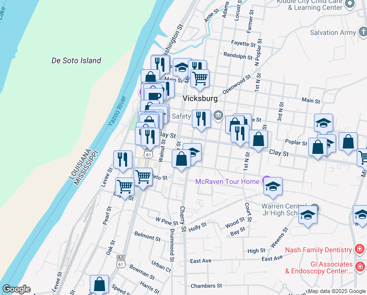 map of restaurants, bars, coffee shops, grocery stores, and more near 913 Crawford Street in Vicksburg