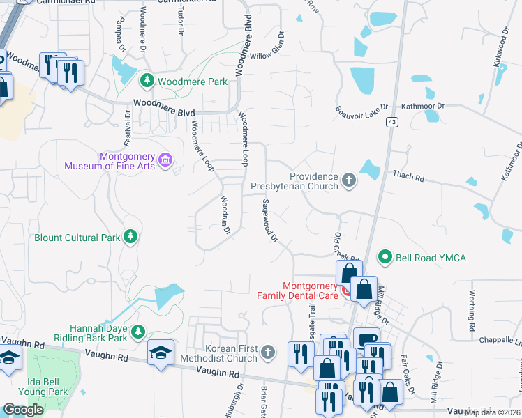 map of restaurants, bars, coffee shops, grocery stores, and more near 2238 Sagewood Drive in Montgomery