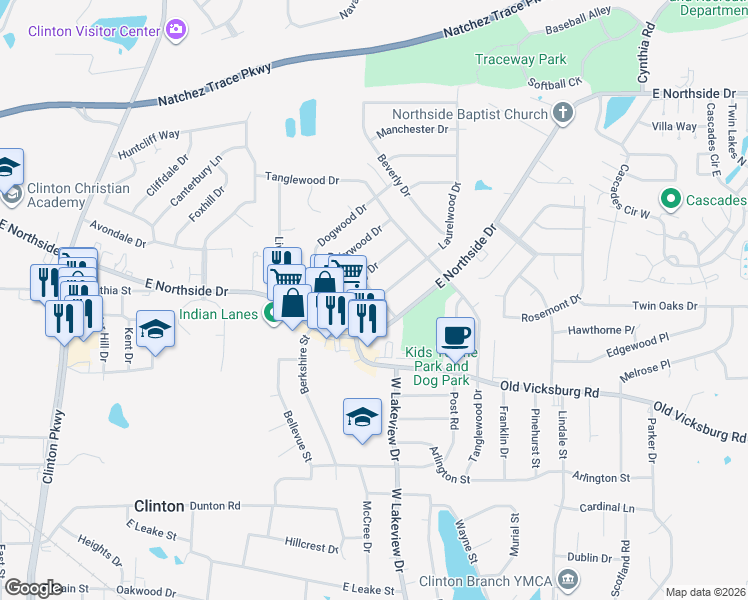 map of restaurants, bars, coffee shops, grocery stores, and more near 1001 Laurelwood Drive in Clinton