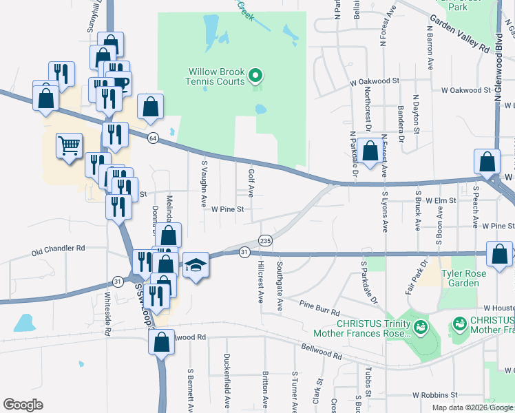 map of restaurants, bars, coffee shops, grocery stores, and more near 3014 Pine Street in Tyler
