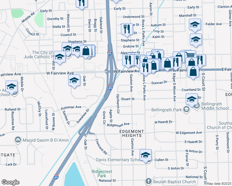 map of restaurants, bars, coffee shops, grocery stores, and more near 3130 Upchurch Circle in Montgomery