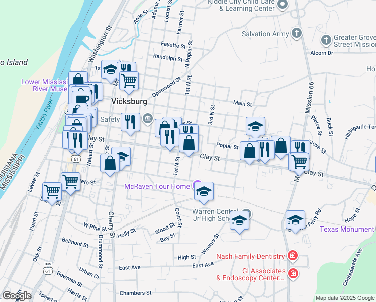 map of restaurants, bars, coffee shops, grocery stores, and more near 1403 Clay Street in Vicksburg