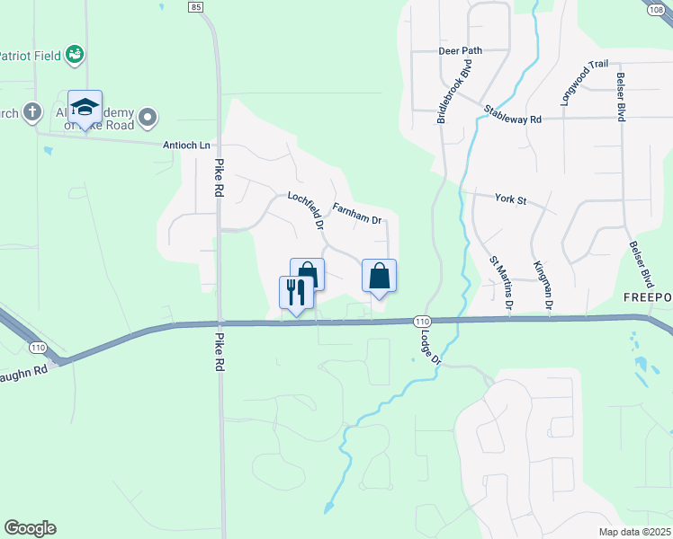 map of restaurants, bars, coffee shops, grocery stores, and more near 9749 Faversham Court in Pike Road
