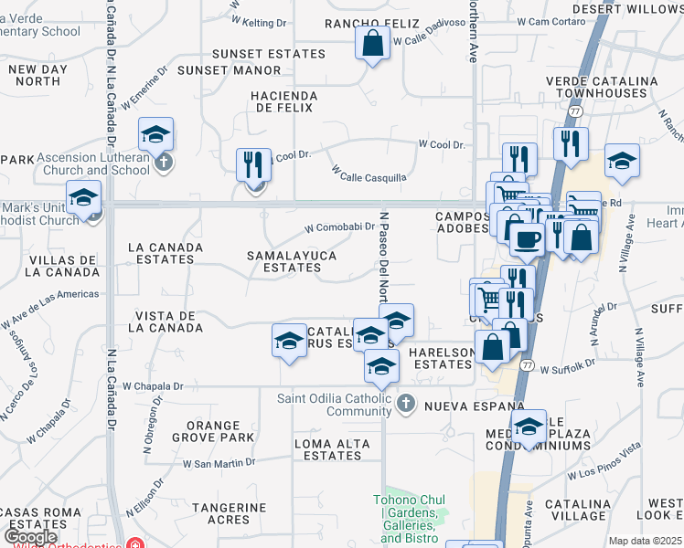 map of restaurants, bars, coffee shops, grocery stores, and more near 802 West Ko Vaya Drive in Tucson