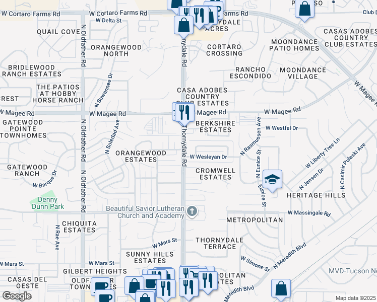 map of restaurants, bars, coffee shops, grocery stores, and more near 7870 North Thornydale Road in Tucson