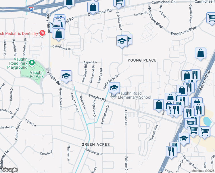 map of restaurants, bars, coffee shops, grocery stores, and more near 4342 White Acres Road in Montgomery