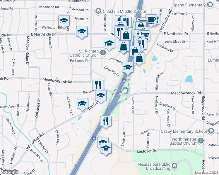 map of restaurants, bars, coffee shops, grocery stores, and more near 1200 Meadowbrook Road in Jackson