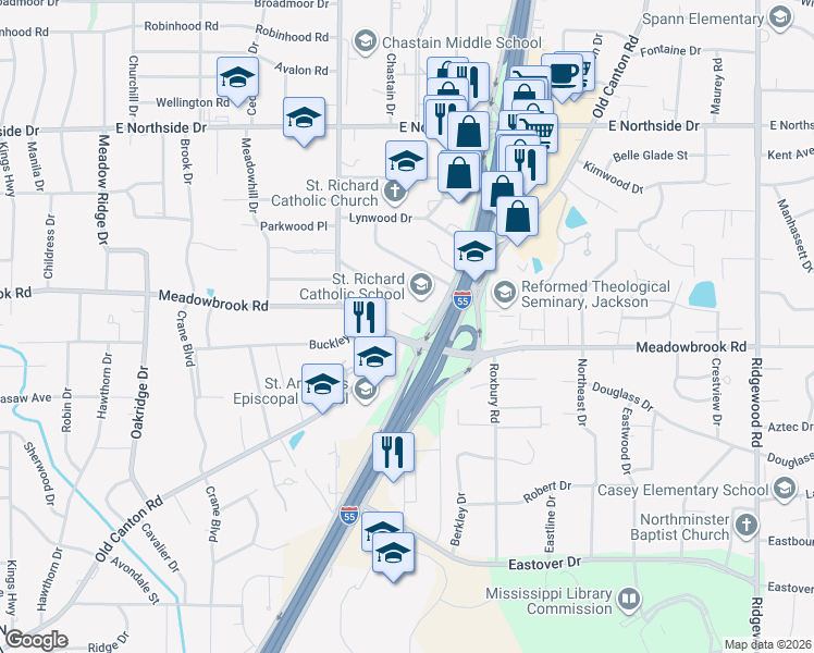 map of restaurants, bars, coffee shops, grocery stores, and more near 1200 Meadowbrook Road in Jackson
