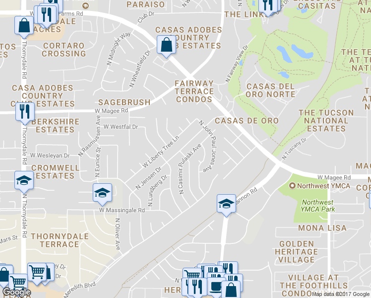map of restaurants, bars, coffee shops, grocery stores, and more near 7854 North Jensen Drive in Tucson