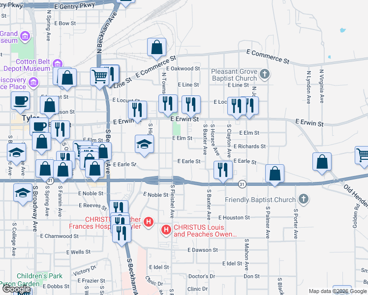 map of restaurants, bars, coffee shops, grocery stores, and more near 1129 Saleh Avenue in Tyler