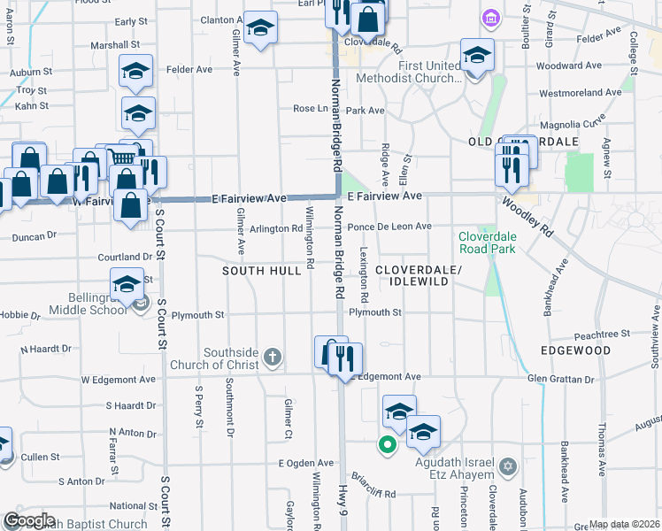 map of restaurants, bars, coffee shops, grocery stores, and more near 3173 Norman Bridge Road in Montgomery