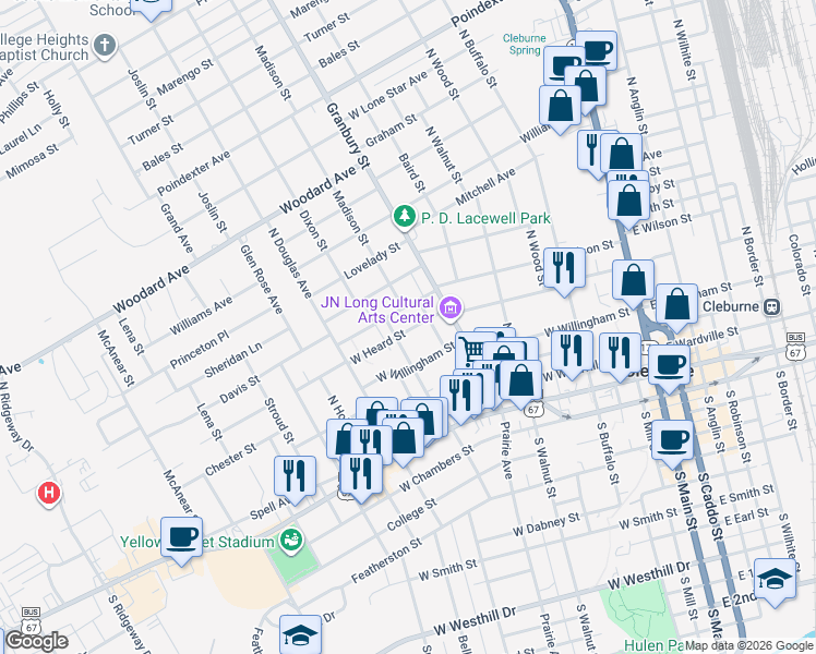 map of restaurants, bars, coffee shops, grocery stores, and more near 510 West Heard Street in Cleburne