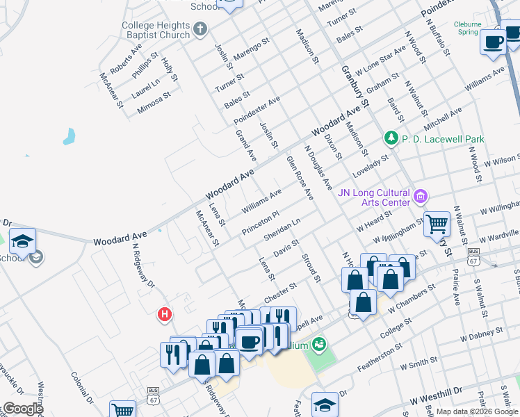 map of restaurants, bars, coffee shops, grocery stores, and more near 1113 Williams Avenue in Cleburne