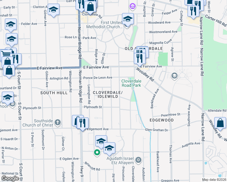 map of restaurants, bars, coffee shops, grocery stores, and more near 3175 Montezuma Road in Montgomery