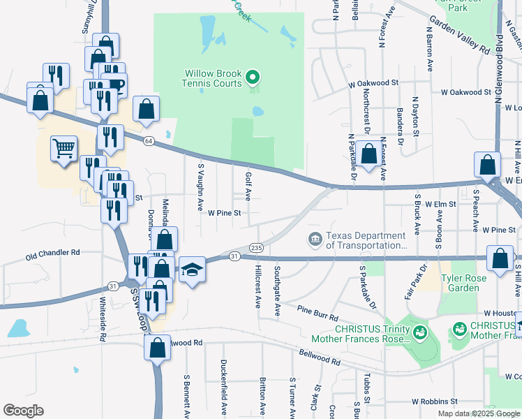 map of restaurants, bars, coffee shops, grocery stores, and more near 3014 West Pine Street in Tyler