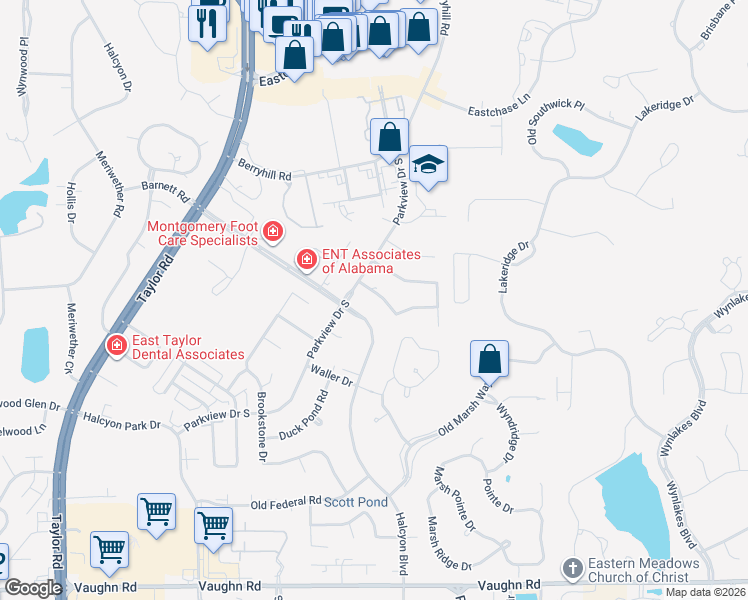 map of restaurants, bars, coffee shops, grocery stores, and more near 8118 Greyfield Drive in Montgomery