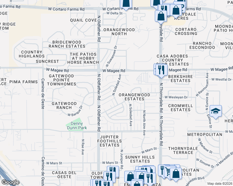 map of restaurants, bars, coffee shops, grocery stores, and more near 7825 North Orangewood Place in Tucson