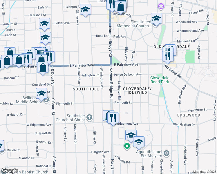 map of restaurants, bars, coffee shops, grocery stores, and more near 3173 Norman Bridge Road in Montgomery