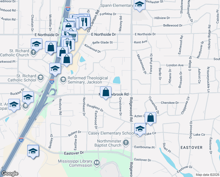 map of restaurants, bars, coffee shops, grocery stores, and more near 107 Green Drive in Jackson