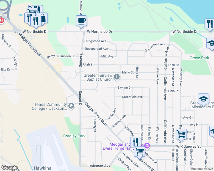 map of restaurants, bars, coffee shops, grocery stores, and more near 2632 Skyline Drive in Jackson
