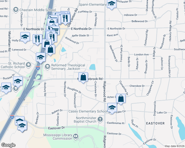 map of restaurants, bars, coffee shops, grocery stores, and more near 3 Crestview Cove in Jackson