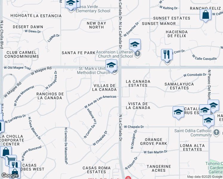 map of restaurants, bars, coffee shops, grocery stores, and more near 1443 West Sendero Uno in Tucson