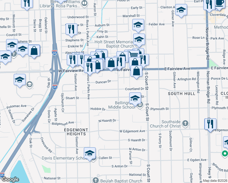 map of restaurants, bars, coffee shops, grocery stores, and more near 105 Courtland Drive in Montgomery