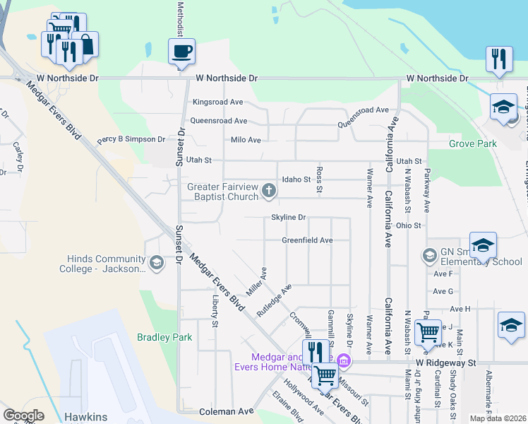 map of restaurants, bars, coffee shops, grocery stores, and more near 2600 Skyline Dr in Jackson