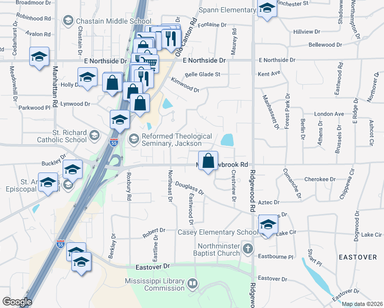 map of restaurants, bars, coffee shops, grocery stores, and more near 101 Green Dr in Jackson
