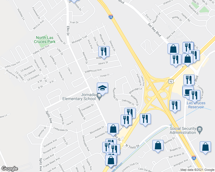 map of restaurants, bars, coffee shops, grocery stores, and more near 1133 Hermosillo Drive in Las Cruces